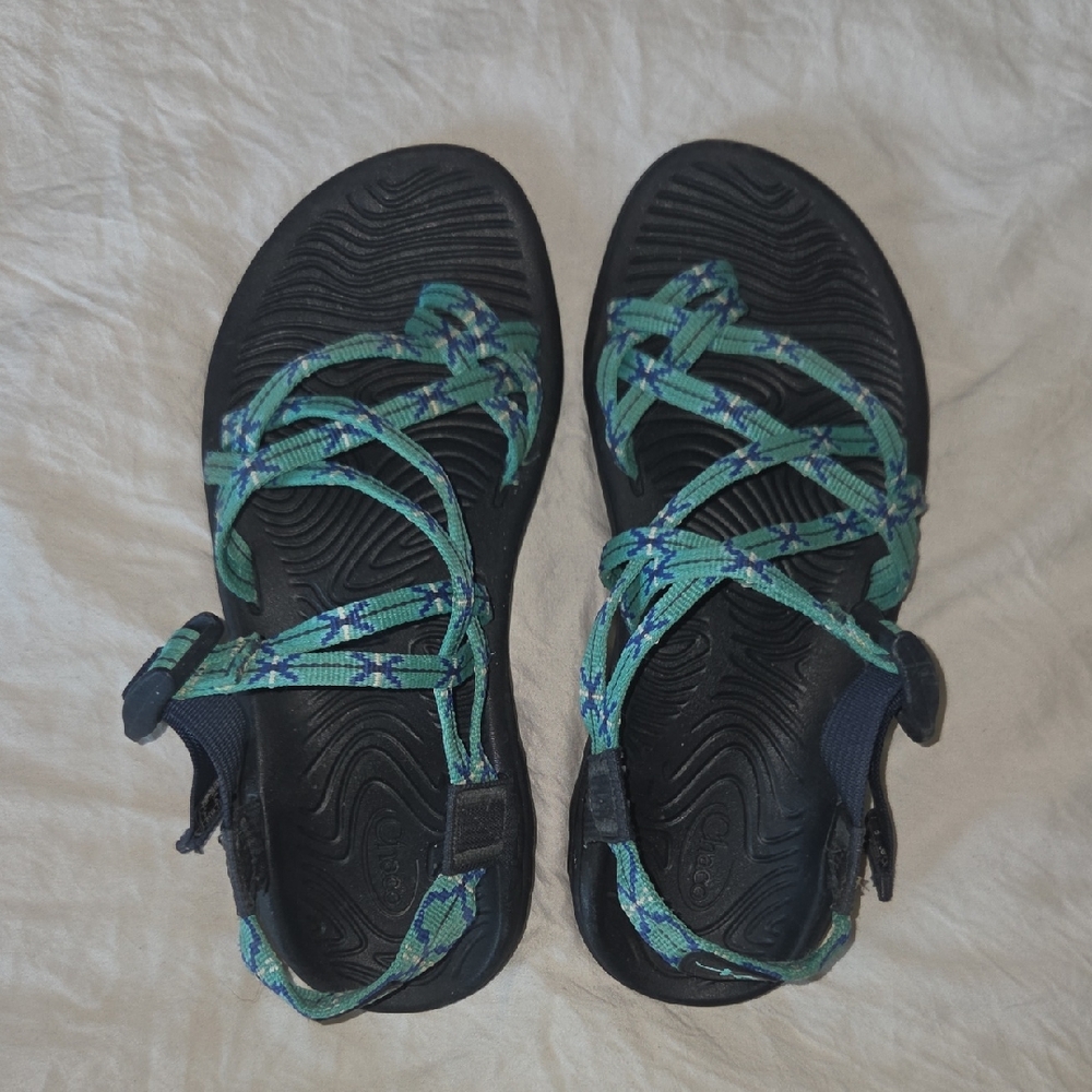 Chaco Women's Strappy Sandals in Black and Teal Pattern